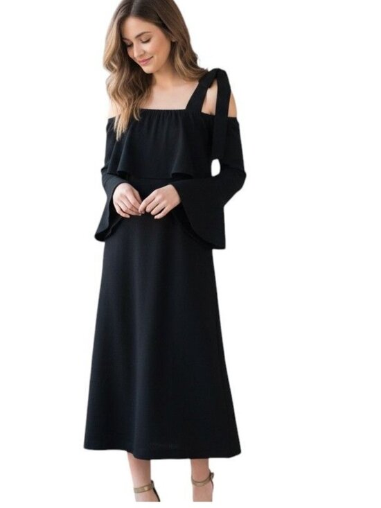 Ganni Dresses & Skirts - Ganni Clark Black Crepe Off Shoulder Dress Womens XS EU 34 Midi Elegant